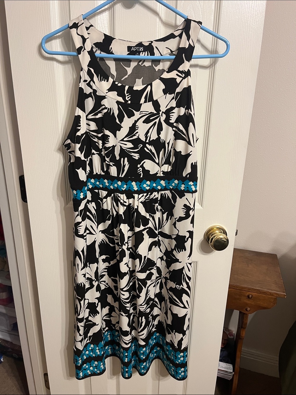 Apt. 9 Black and White Floral Dress with Teal Trim